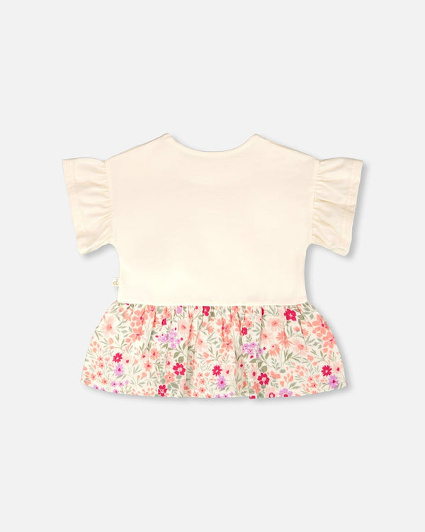 Organic Cotton Bi-Material Tunic Beige Flowers Print - H30F71_01070