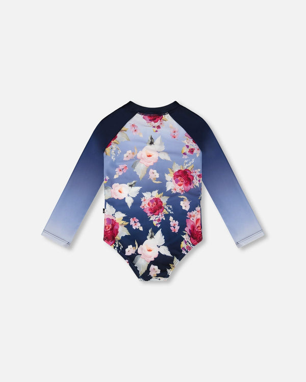 One-Piece Long Sleeve Rashguard Blue Rose Print - H30OG20_3H144