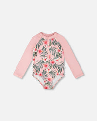 One-Piece Long Sleeve Rashguard Pink Hibiscus Print - H30OG21_3H152