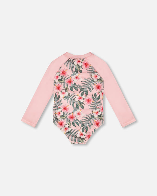 One-Piece Long Sleeve Rashguard Pink Hibiscus Print - H30OG21_3H152