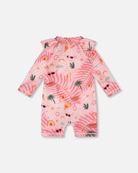 Baby And Toddler One-Piece Long Sleeve Rashguard Pink Beach Print - H30OG50_3H148