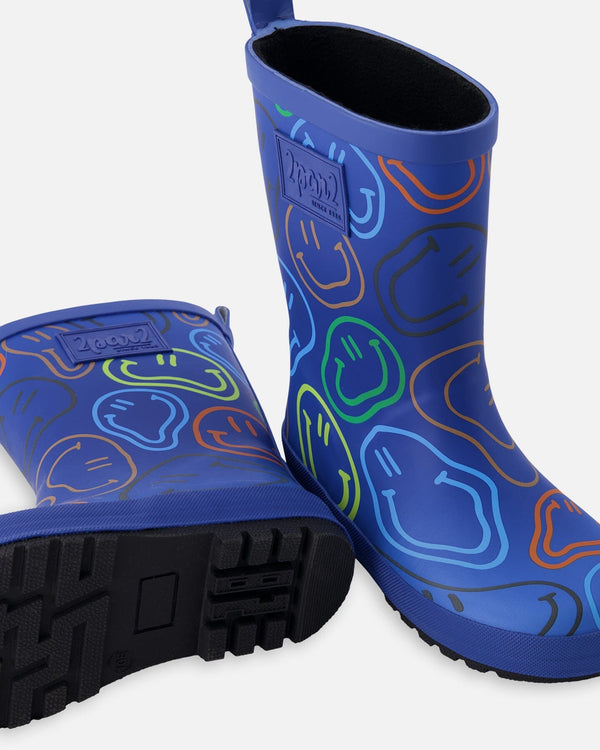 Rain Boots In Natural Rubber Blue Smiley Print - H30WB10_3H030
